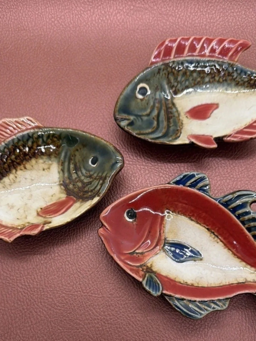Pier 1 Imports Fish Ceramic Decorative 3 Dipping Dishes Red Fin Spoon Rest